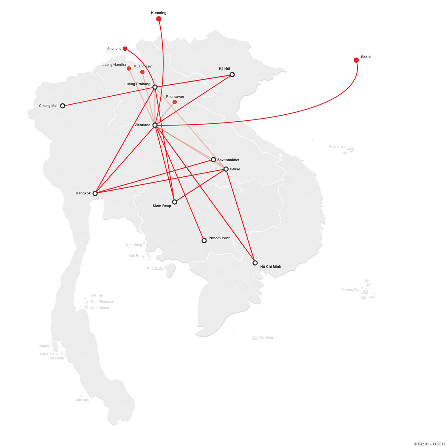 map of domestic and international flights to Laos