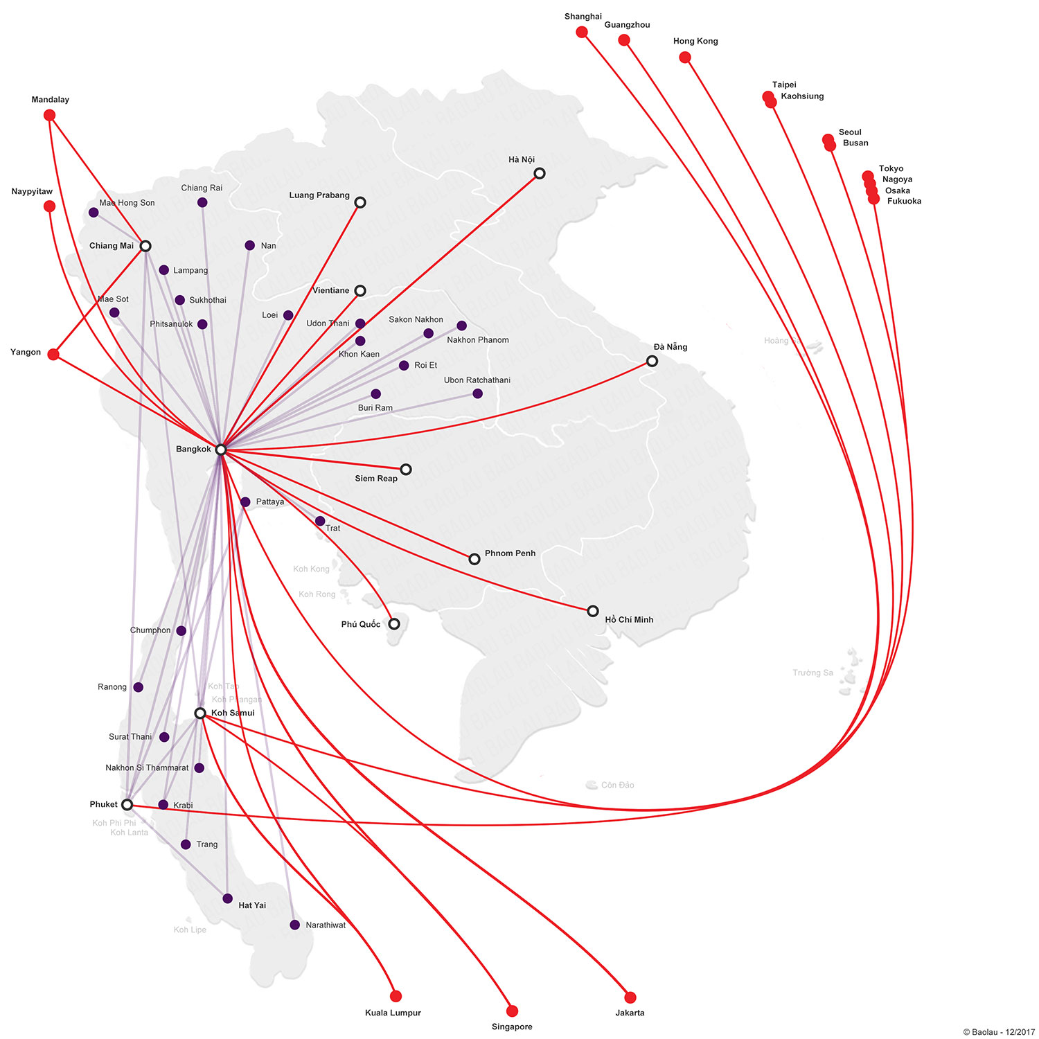 map of domestic and international flights to Thailand
