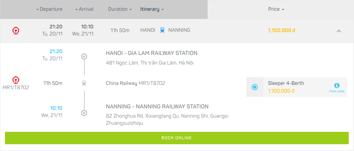 Book your train tickets from Hanoi to Nanning
