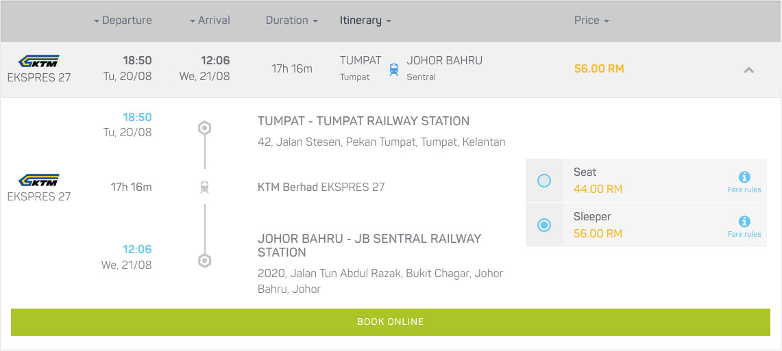 Book your train tickets from Tumpat to Johor Bahru